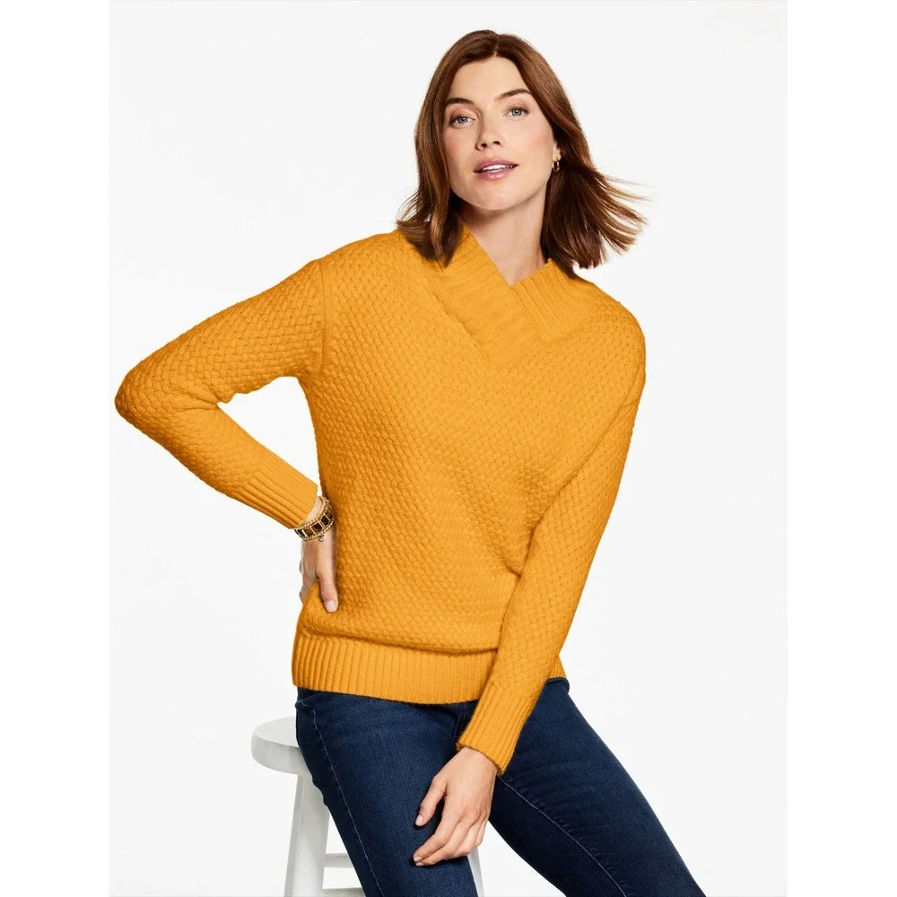 Talbots Womens Size Medium Textured V-Neck Pullover Sweater in Golden Maize $109